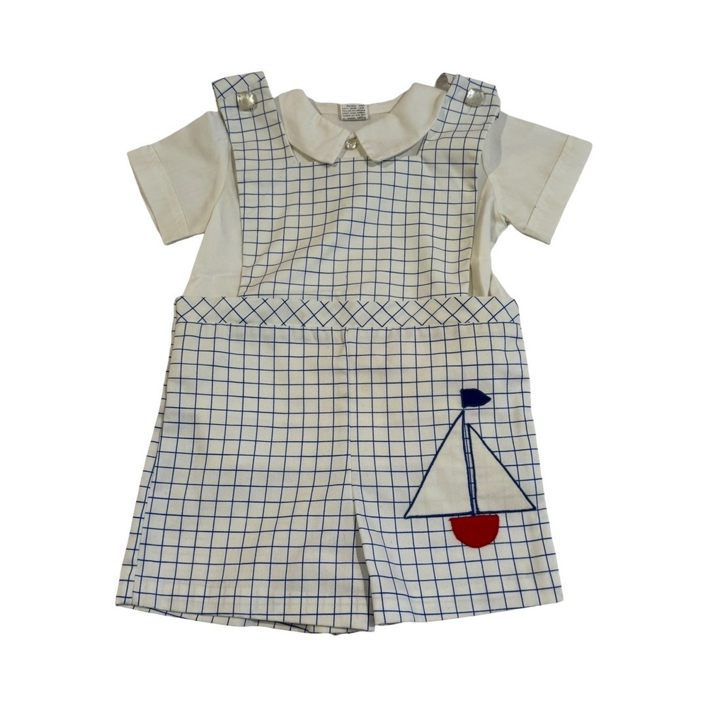 Vintage 70s 80s Fayette Toddler Boys Windowpane Sailboat Romper Set Size 4T